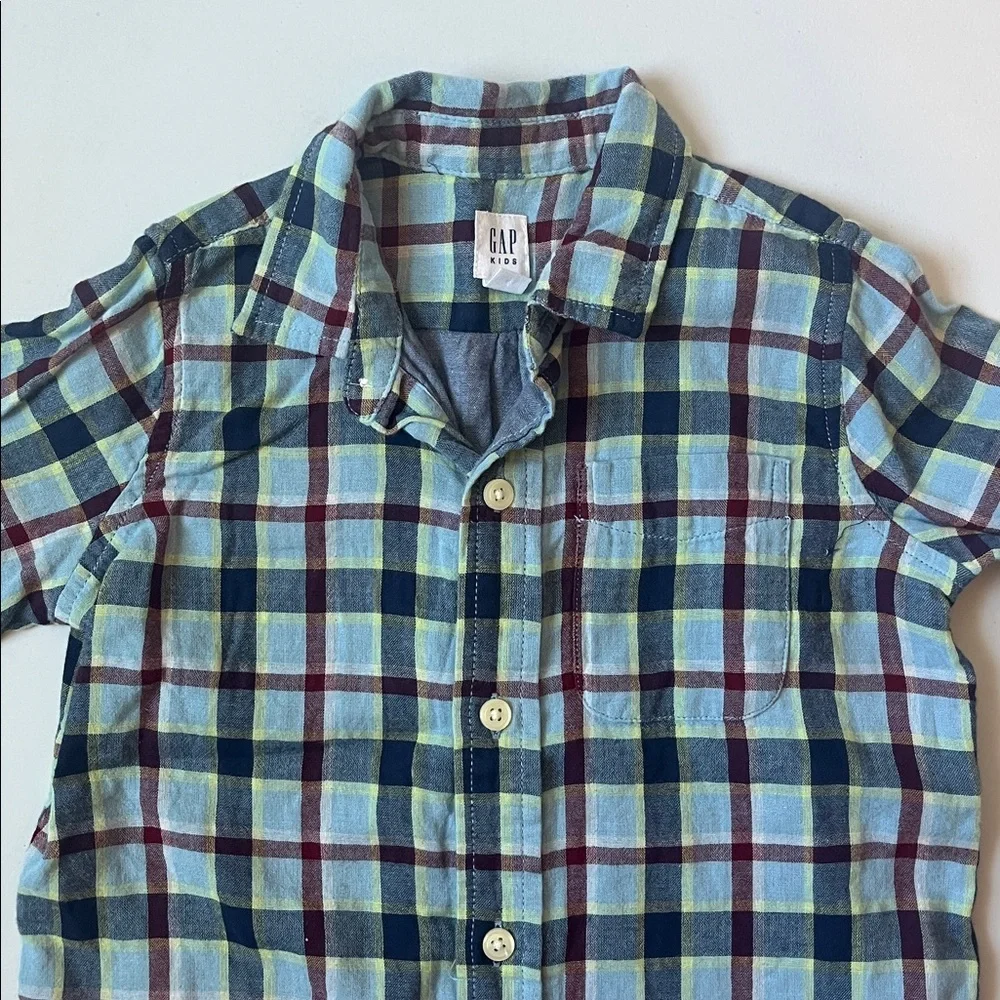 GAP Kids Light Blue and Navy Plaid Button-Down Shirt